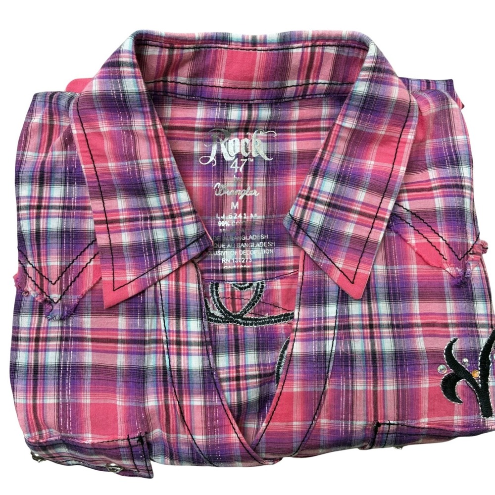 Rock 47 by Wrangler Pink Plaid Western Snap Shirt Rhinestone Embroidered Medium